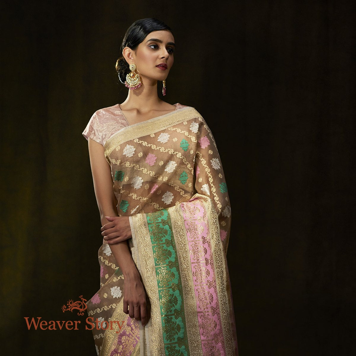 Handwoven_Beige_Kora_Silk_Saree_with_Pink_and_Green_Border_WeaverStory_01