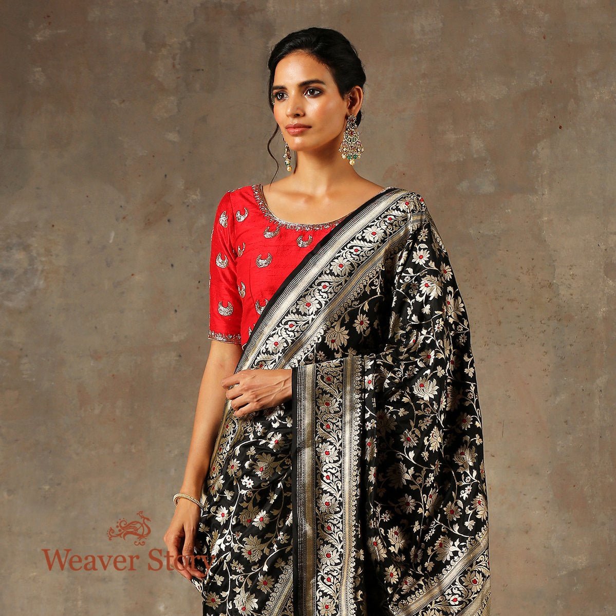 Handloom_Black_Cutwork_Banarasi_Saree_with_Meenakari_and_Jangla_Design_and_Brocade_Blouse_WeaverStory_01