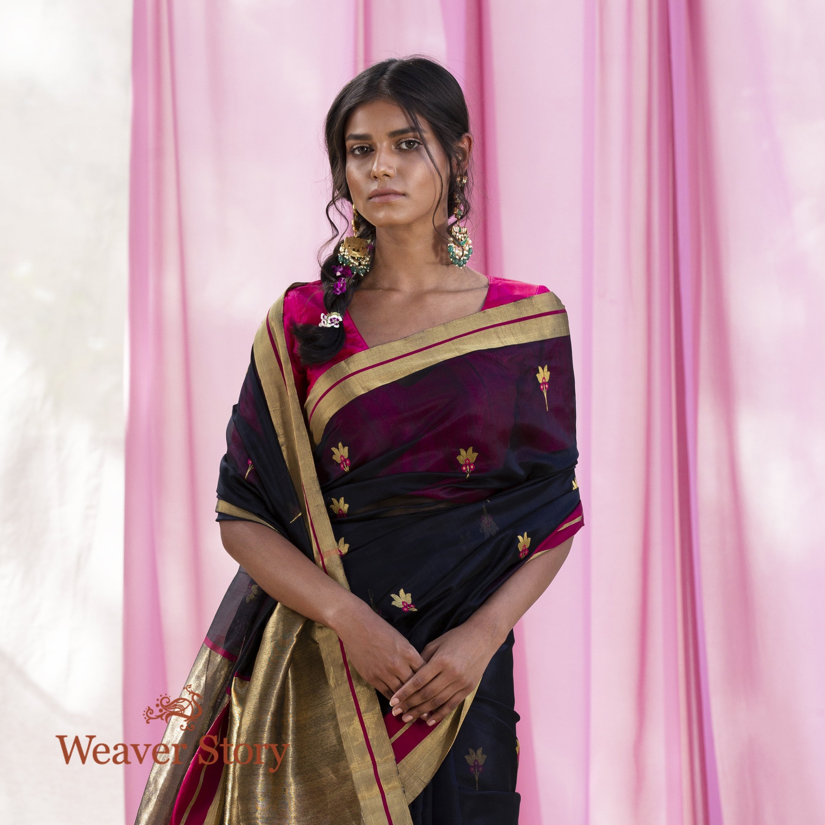 Handwoven_Blue_Chanderi_Silk_Saree_with_Small_Meenakari_Flowers_WeaverStory_01