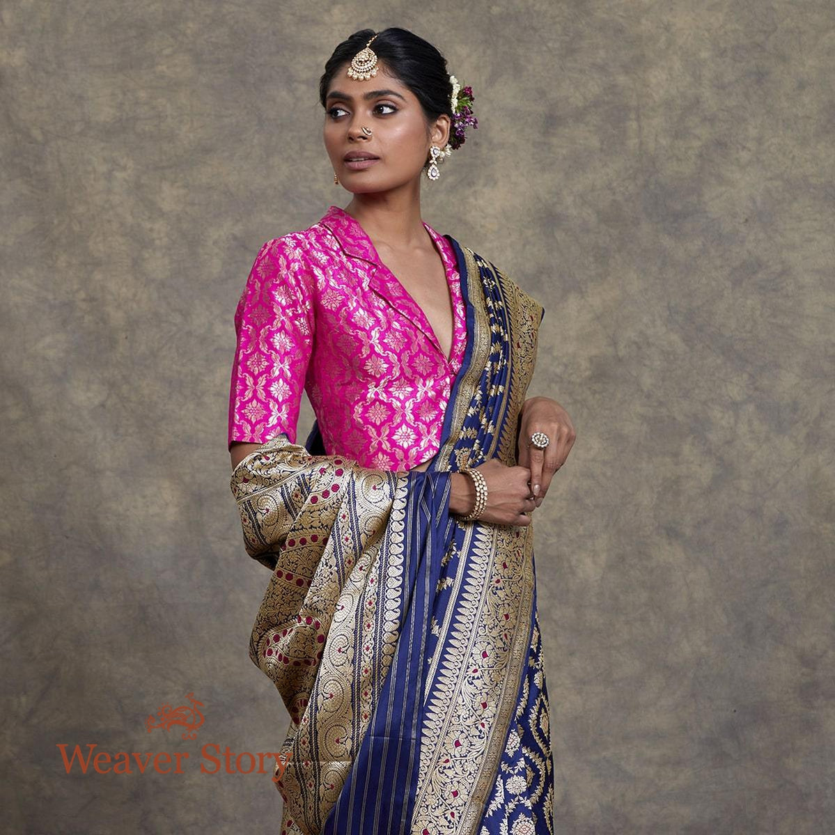 Handwoven_Dark_Blue_Fine_Zari_Katan_Jangla_Saree_WeaverStory_01