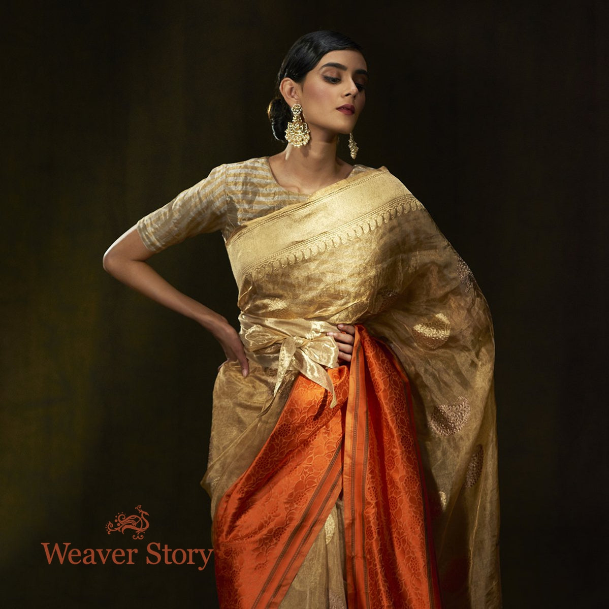 Handwoven_Gold_and_Orange_Kora_Tissue_Saree_with_Kadhwa_Boota_WeaverStory_01