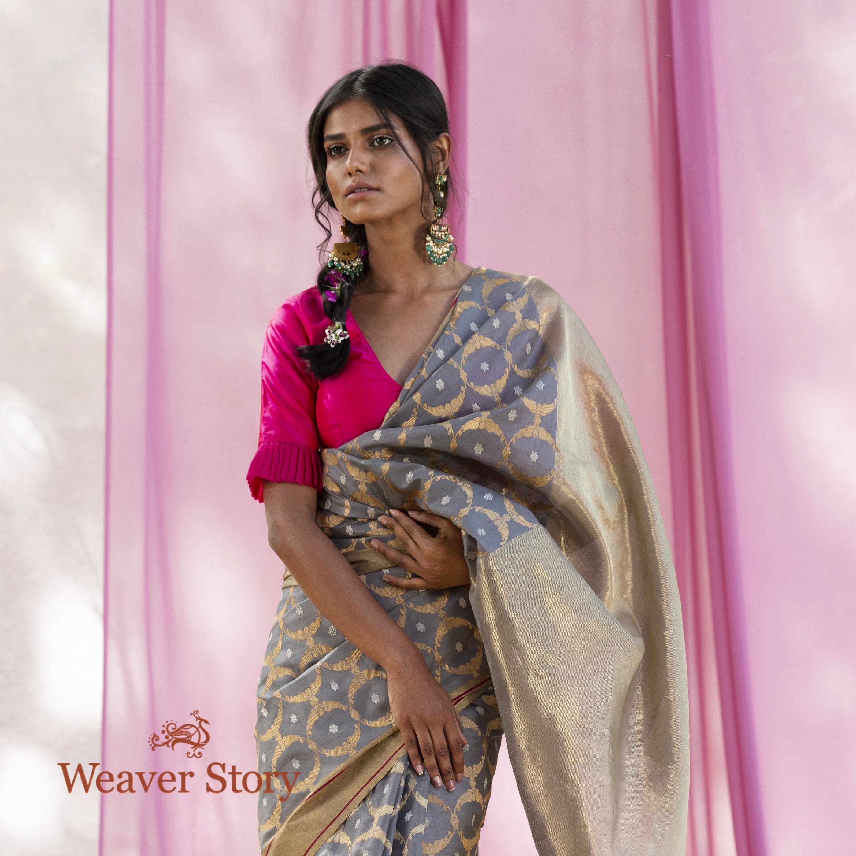 Handwoven_Grey_Chanderi_Silk_Sareee_with_Gold_and_Silver_Zari_Jaal_WeaverStory_01