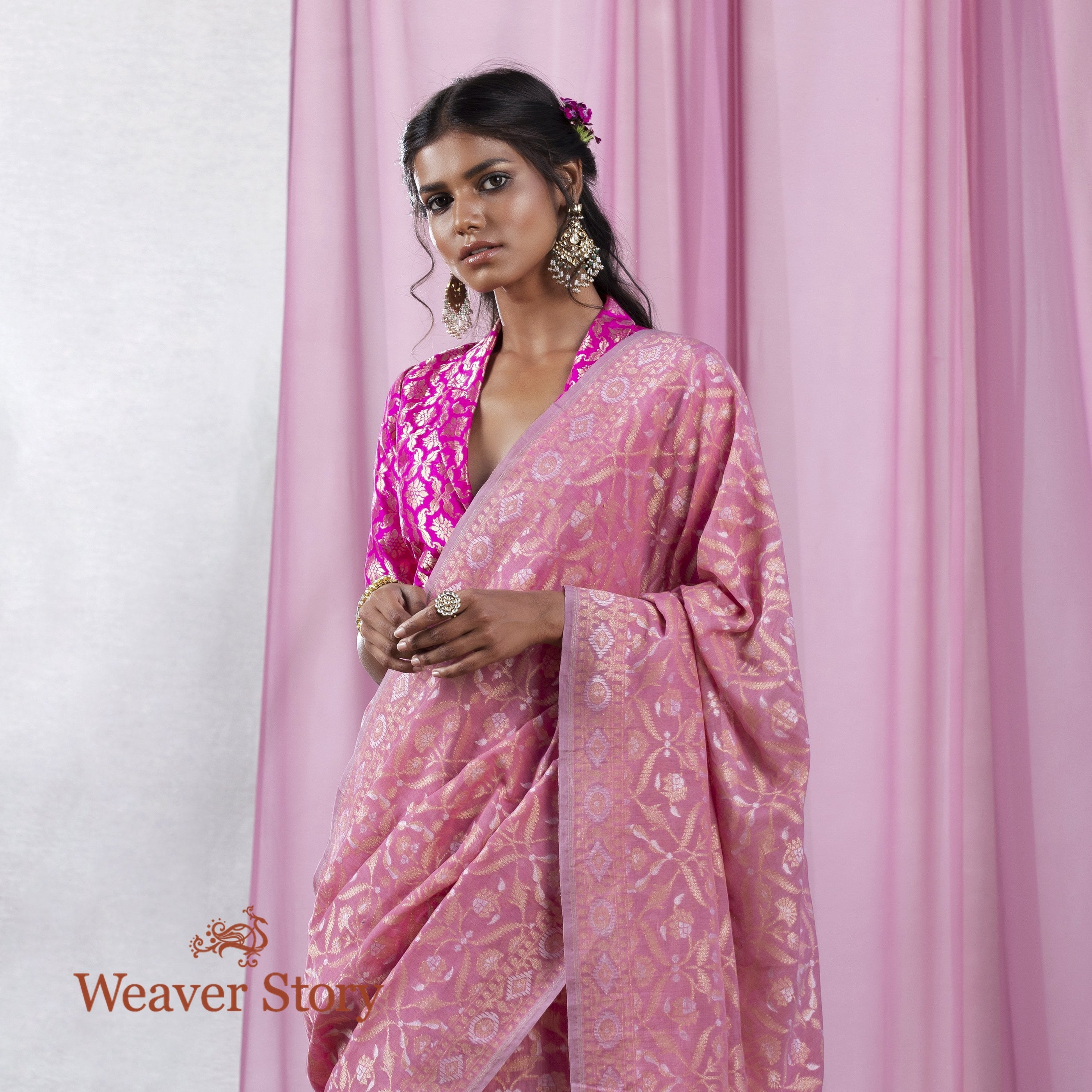 Handwoven_Rose_Pink_Banarasi_Cotton_Jamdani_Saree_WeaverStory_01