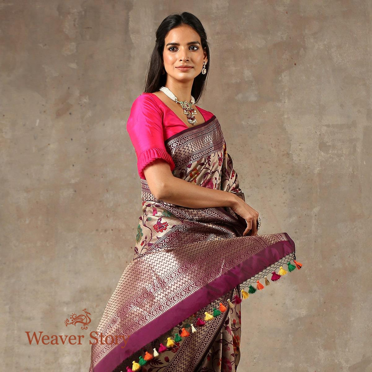 Handwoven_Wine_Meenakari_Jangla_Saree_with_Cutwork_Weave_WeaverStory_01