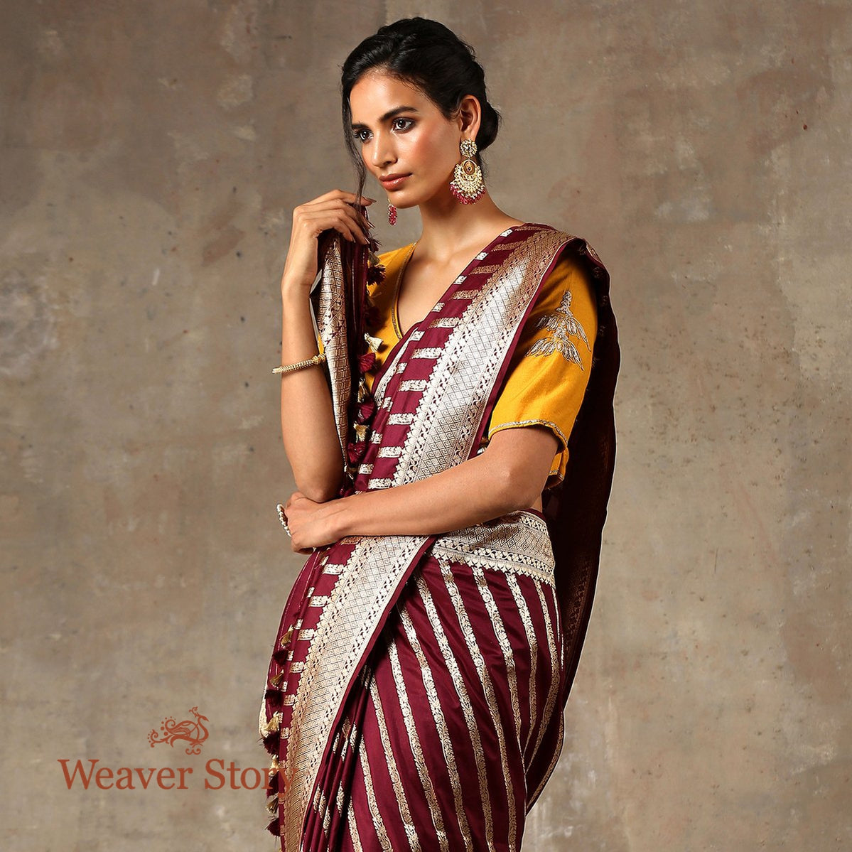Handwoven_Wine_Diagonal_Bel_Cutwork_Banarasi_Saree_WeaverStory_01