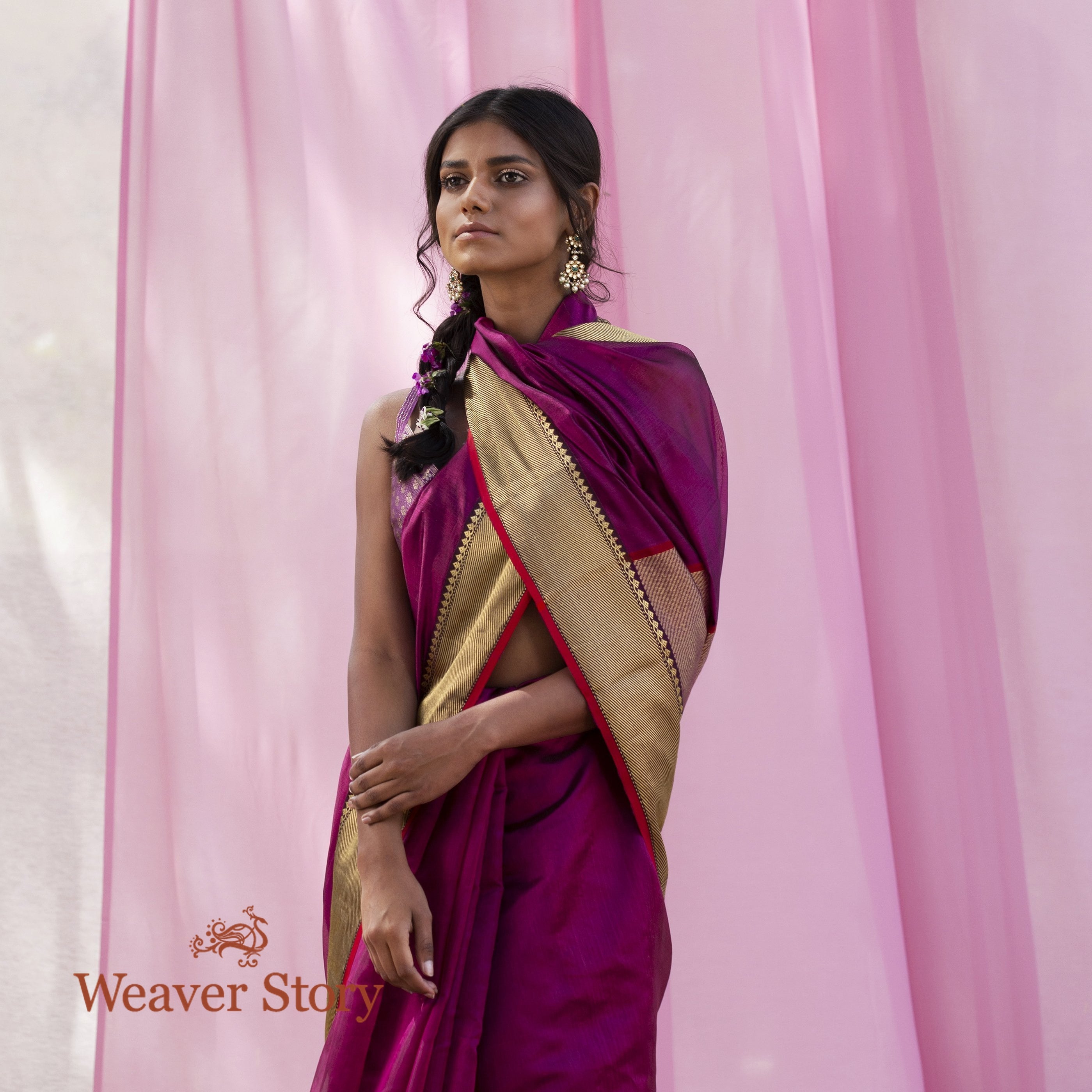 Handwoven_Wine_Plain_Chanderi_Saree_with_Zari_Border_WeaverStory_01
