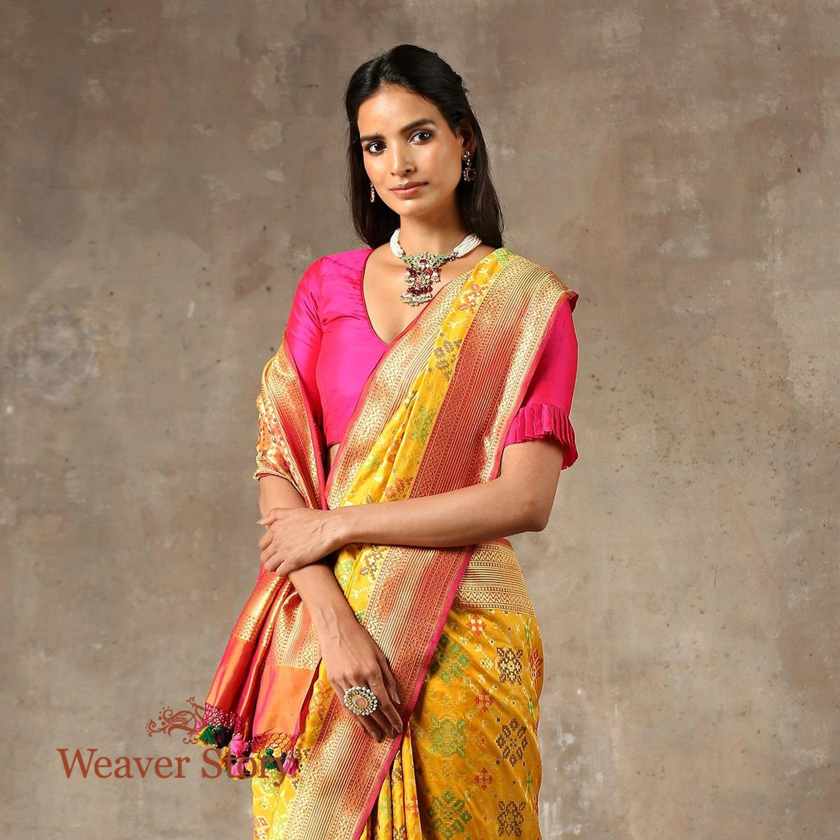 Handwoven_Yellow_Banarasi_Patola_Saree_with_Meenakari_WeaverStory_01