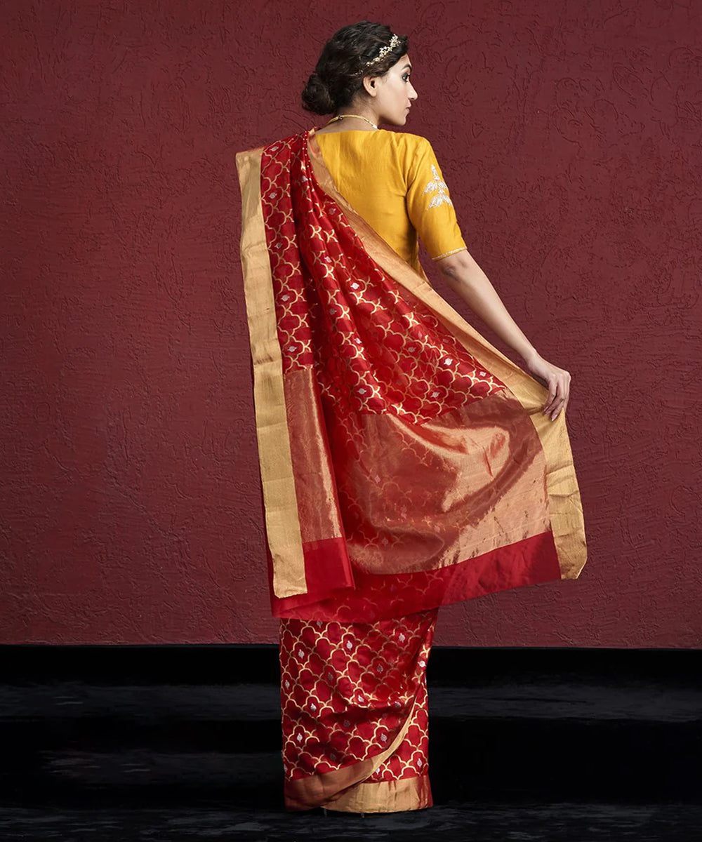 Handloom Red Chanderi Silk Saree With Gold And Silver Zari Jaal