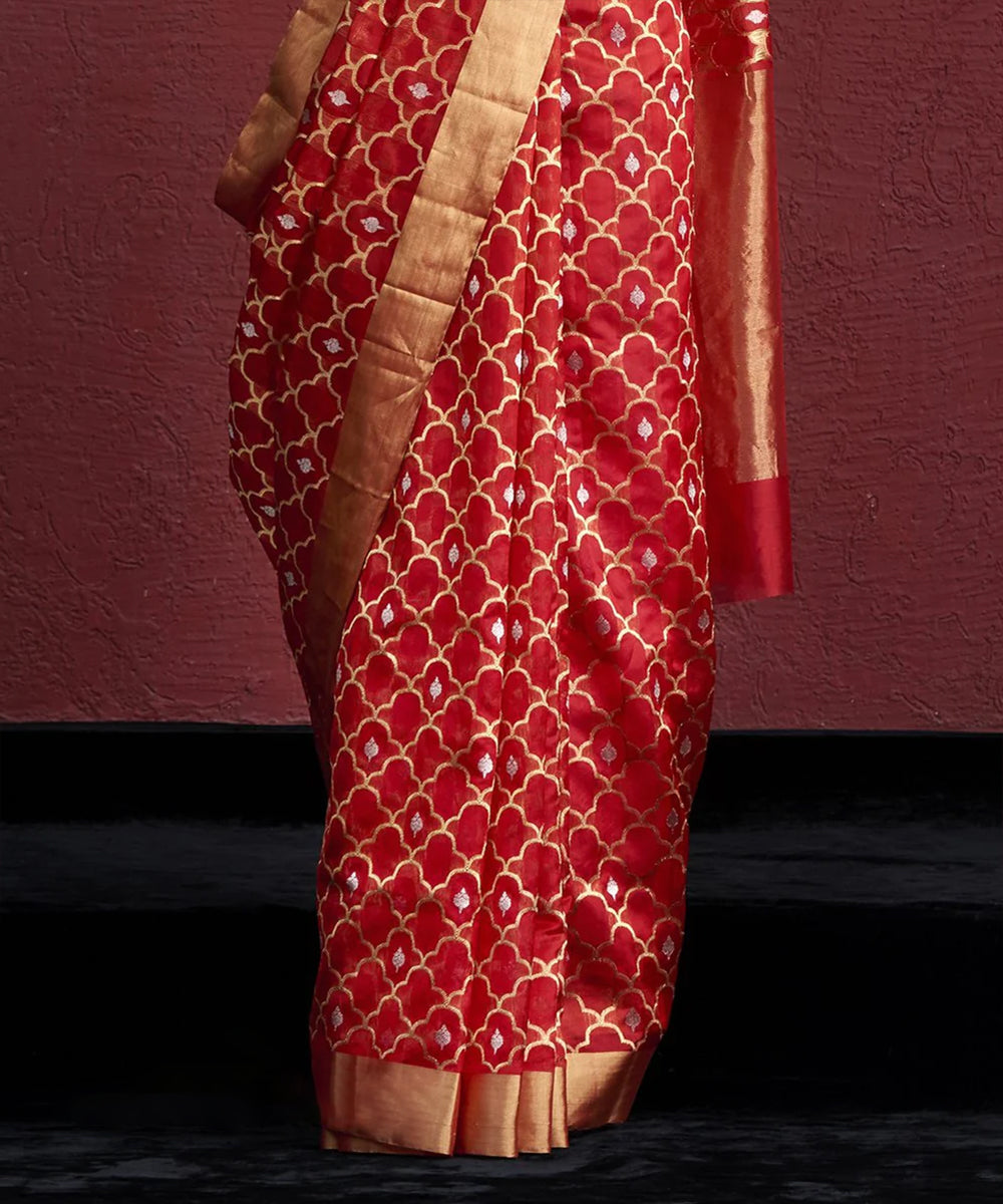 Handloom Red Chanderi Silk Saree With Gold And Silver Zari Jaal