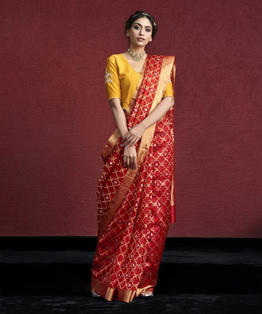 Handloom Red Chanderi Silk Saree With Gold And Silver Zari Jaal