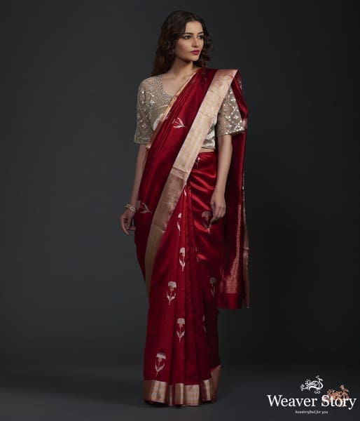 Red_chanderi_silk_saree_with_gold_silver_floral_motifs_WeaverStory_02