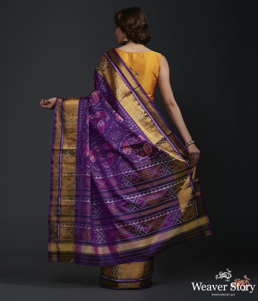 Purple_single_ikat_patola_saree_with_tissue_border_WeaverStory_03