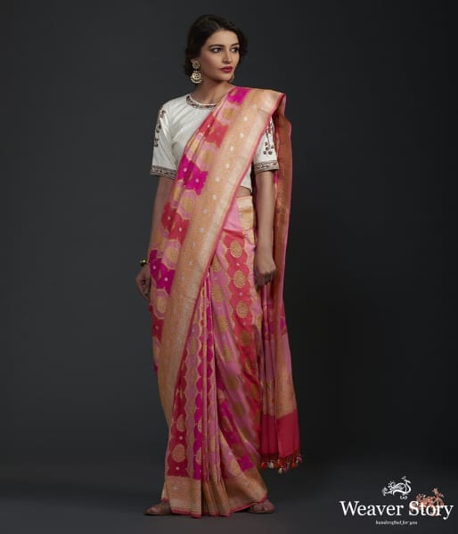Peach_pink_and_majenta_banarasi_jangla_with_rangkat_dye_WeaverStory_02