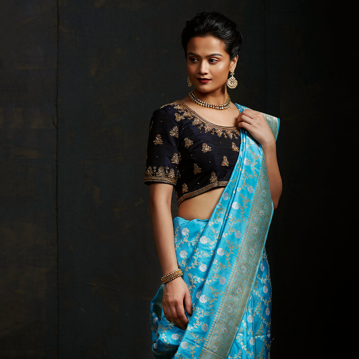 Navy_Blue_Raw_Silk_Blouse_with_Zardozi_Embroidery_WeaverStory_01