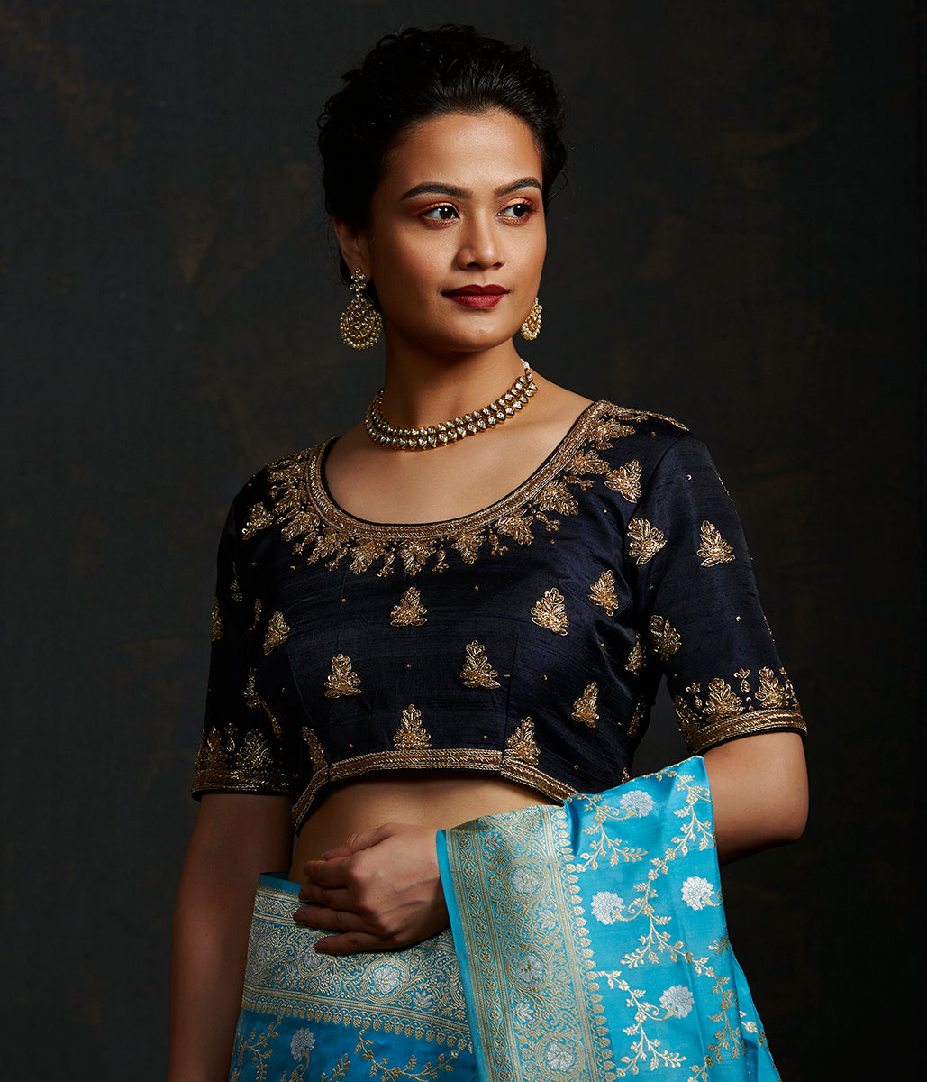 Navy_Blue_Raw_Silk_Blouse_with_Zardozi_Embroidery_WeaverStory_02