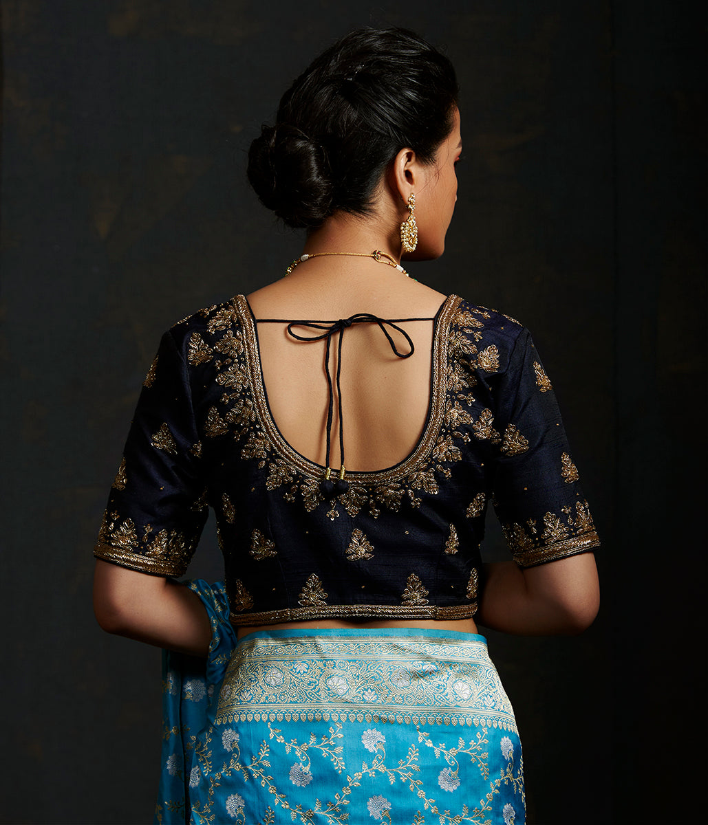 Navy_Blue_Raw_Silk_Blouse_with_Zardozi_Embroidery_WeaverStory_03