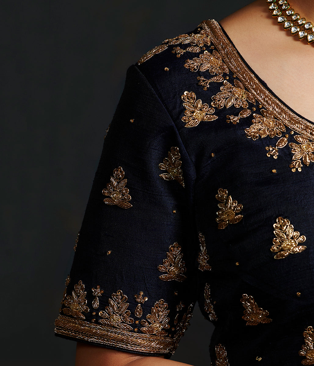 Navy_Blue_Raw_Silk_Blouse_with_Zardozi_Embroidery_WeaverStory_04