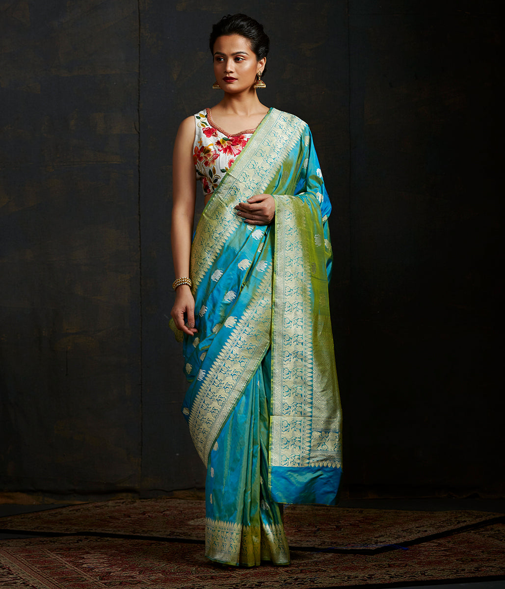 Blue_and_Yellow_Dual_Tone_Kadhwa_Elephant_Boota_Saree_with_Shikargah_Border_WeaverStory_02