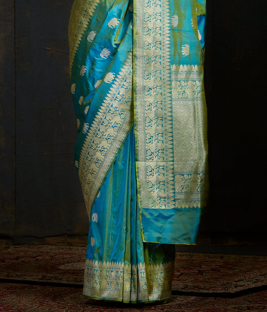 Blue_and_Yellow_Dual_Tone_Kadhwa_Elephant_Boota_Saree_with_Shikargah_Border_WeaverStory_04