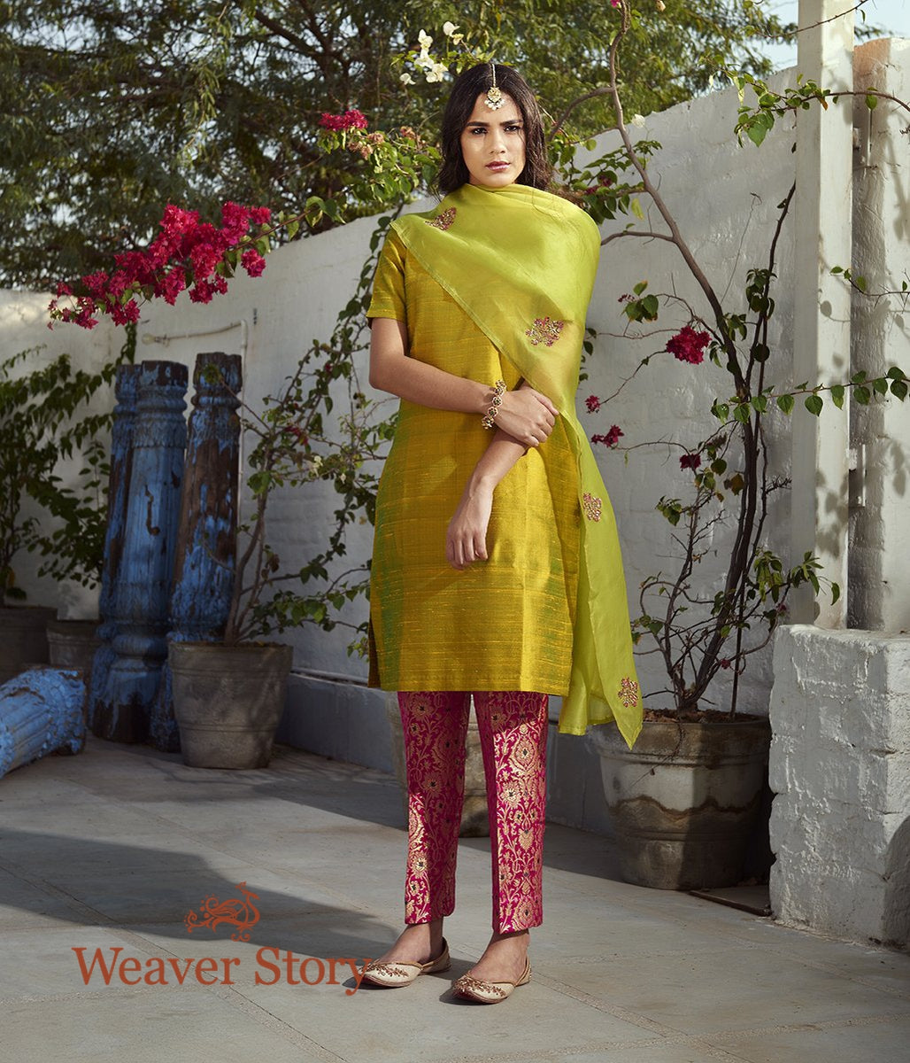 Green_Raw_Silk_Kurta_with_Pink_Pants_and_Green_Hand_Embroidered_Organza_Dupatta_WeaverStory_03