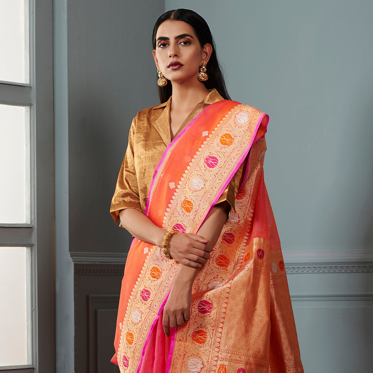 Orange_and_pink_Banarasi_Kora_Saree_with_beldar_Border_and_Kadhwa_Booti_WeaverStory_01