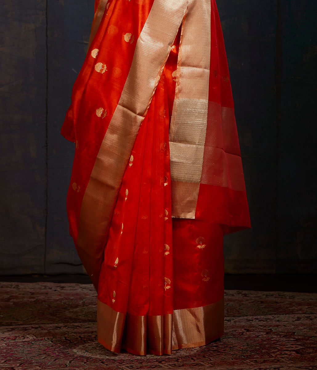 Orange_Chanderi_Silk_Saree_with_Floral_Motifs_in_gold_and_silver_Zari_WeaverStory_04
