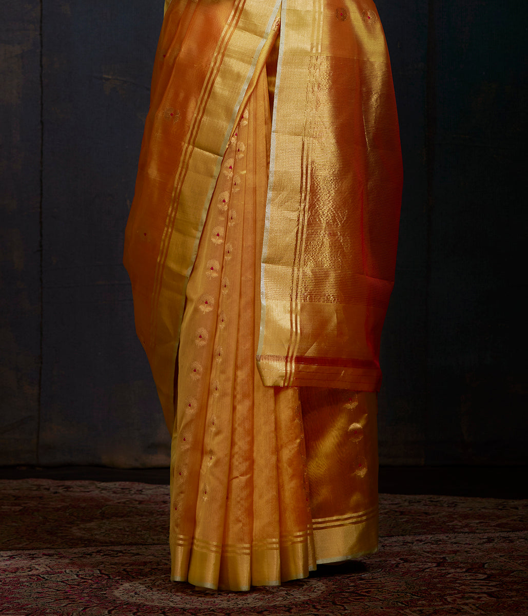 Mango_yellow_chanderi_silk_saree_with_gold_zari_boota_with_meenakari_WeaverStory_04