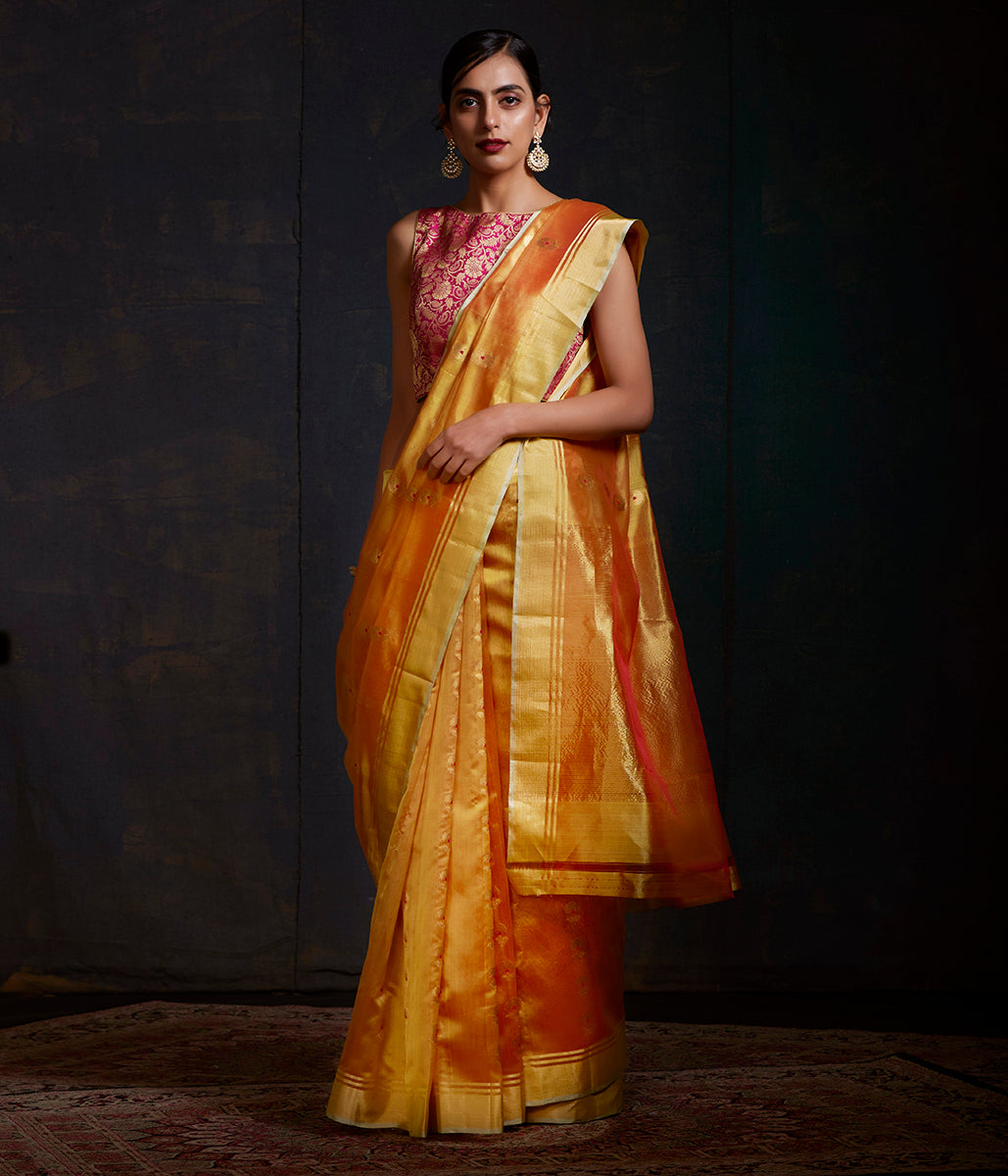 Mango_yellow_chanderi_silk_saree_with_gold_zari_boota_with_meenakari_WeaverStory_02