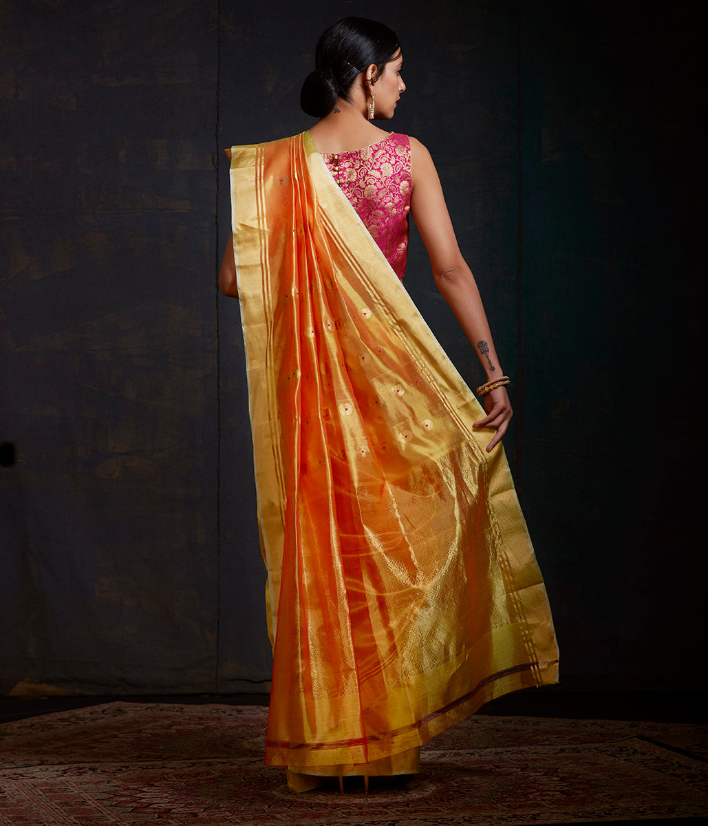 Mango_yellow_chanderi_silk_saree_with_gold_zari_boota_with_meenakari_WeaverStory_03