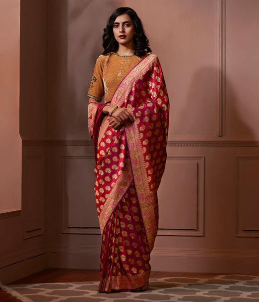 Banaras Baluchari saree in dual tone of Red and Purple