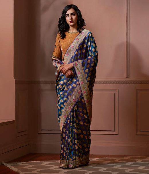 Banaras Baluchari Saree in Dual Tone Blue and Purple-PreOrder