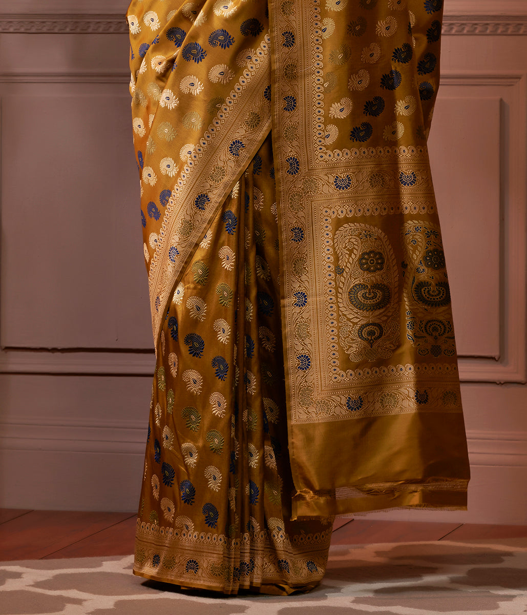 Banaras_Baluchari_saree_in_Mustard_with_kalka_on_pallu_WeaverStory_04