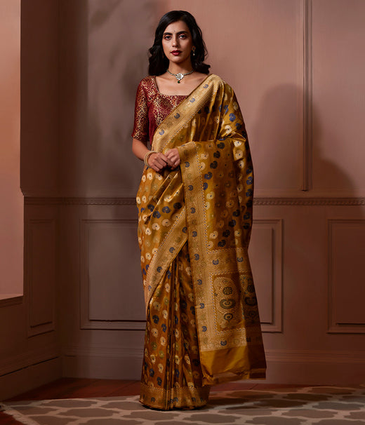 Banaras Baluchari saree in Mustard with kalka on pallu - PreOrder
