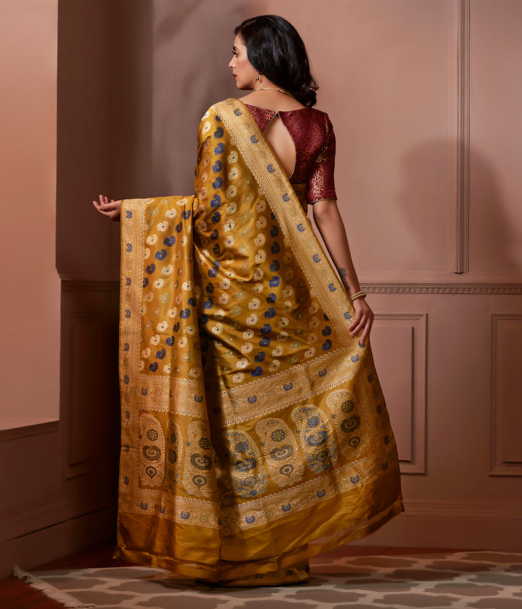 Banaras_Baluchari_saree_in_Mustard_with_kalka_on_pallu_WeaverStory_03