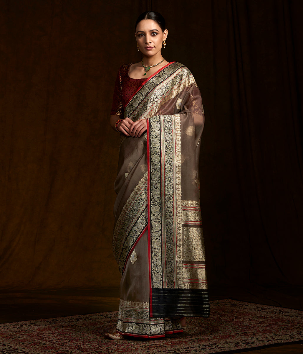 Taupe_banarasi_kora_silk_saree_with_black_border_and_pallu_and_red_selvedge_WeaverStory_02