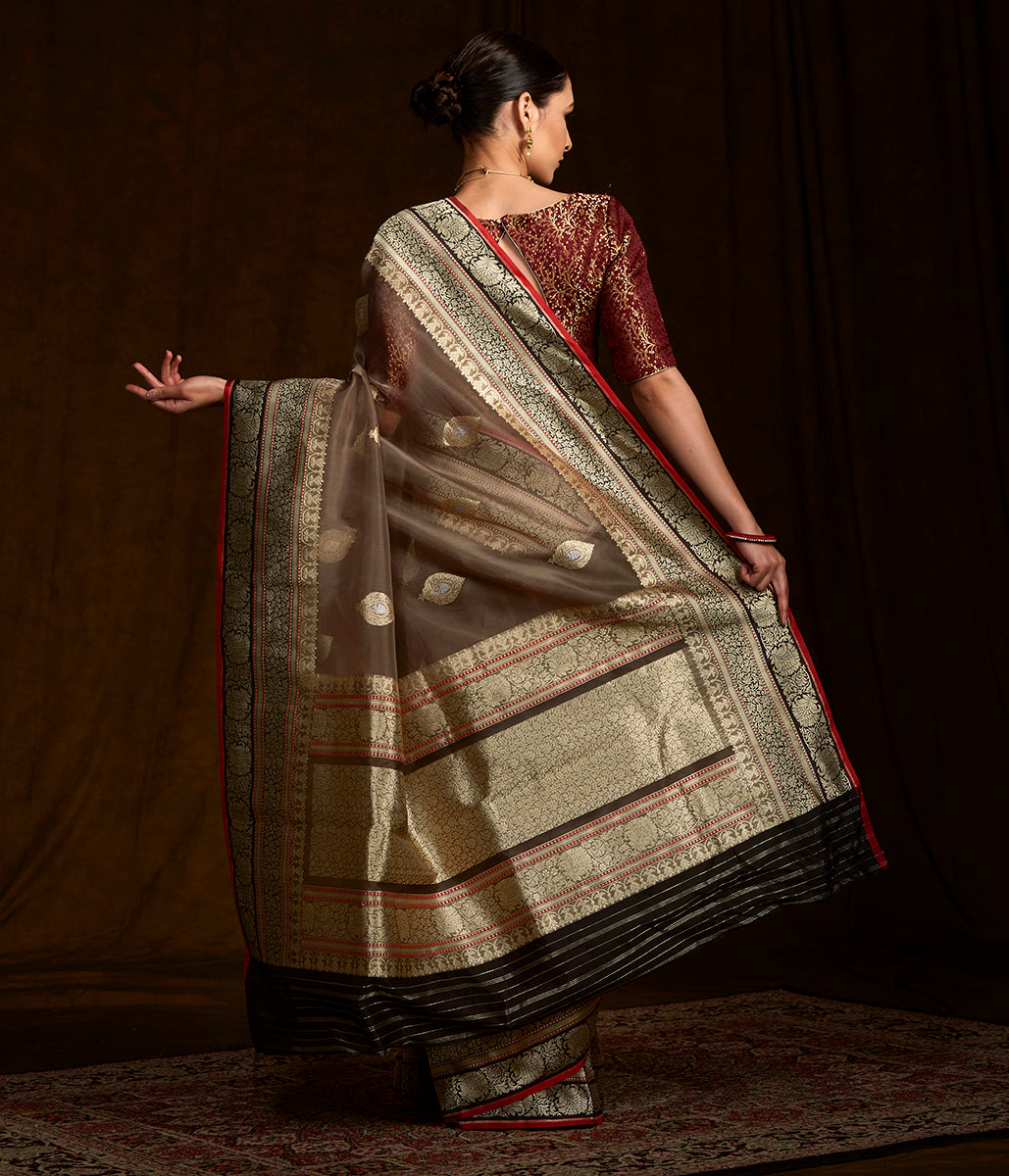 Taupe_banarasi_kora_silk_saree_with_black_border_and_pallu_and_red_selvedge_WeaverStory_03