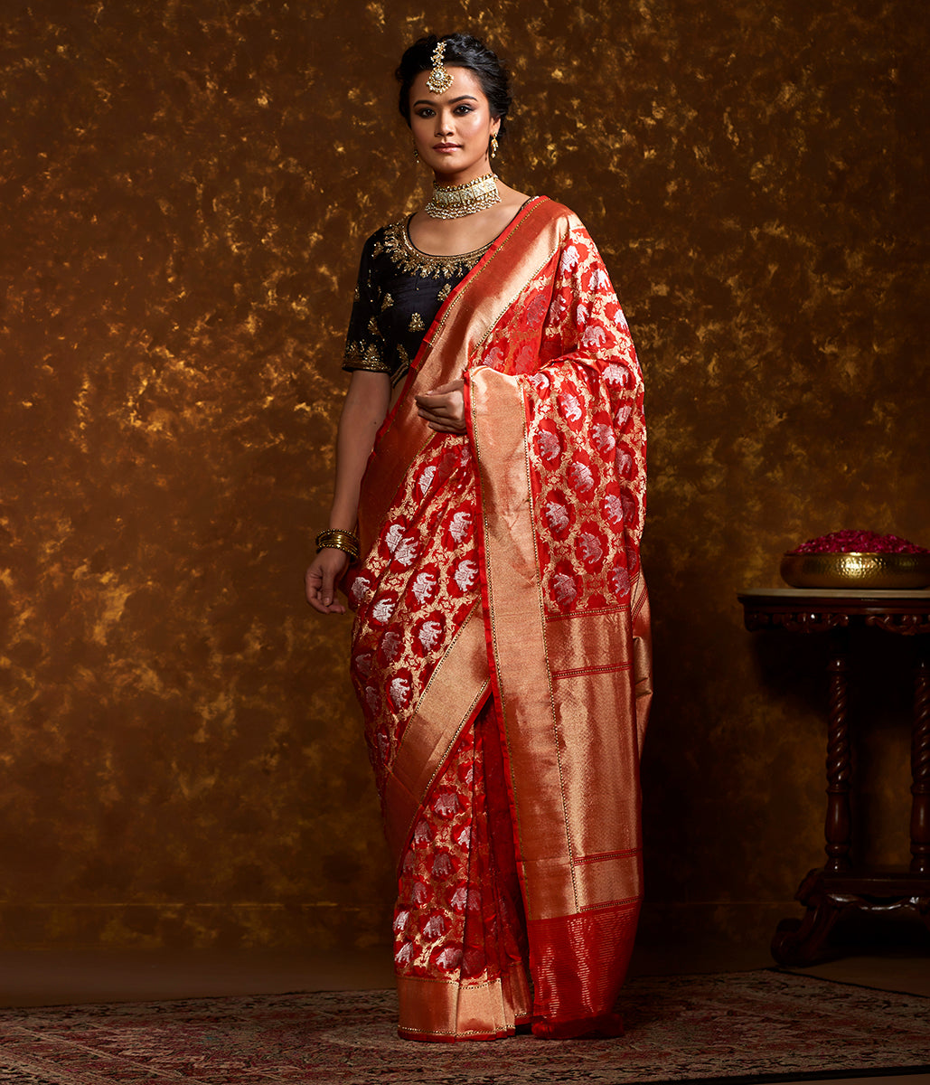 Handwoven_Banarasi_Shikargah_Saree_in_Red_with_Sona_Rupa_Zari_WeaverStory_02