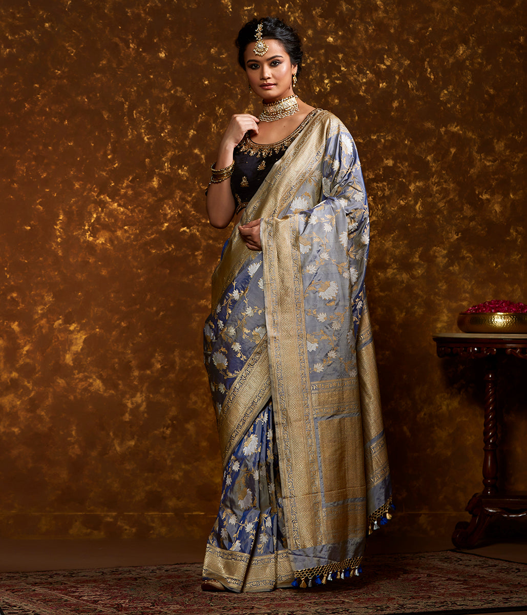 Handwoven_Blue_and_Beige_Kadhwa_Jangla_with_Lotus_flower_Motifs_WeaverStory_02