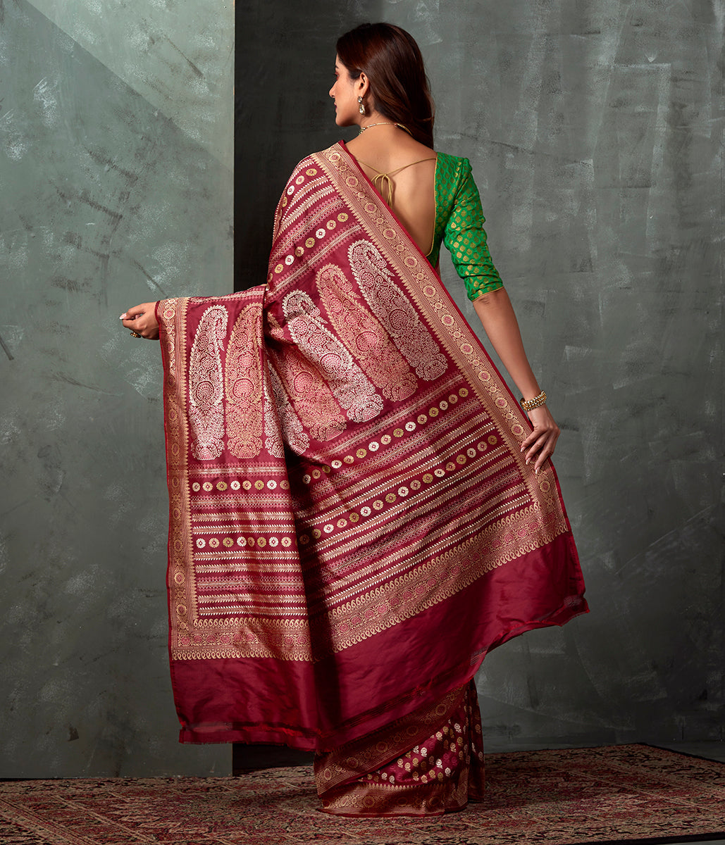 Handwoven_Banaras_Baluchari_in_Mahroon_with_Small_Floral_Booti_and_Kalka_Pallu_WeaverStory_03