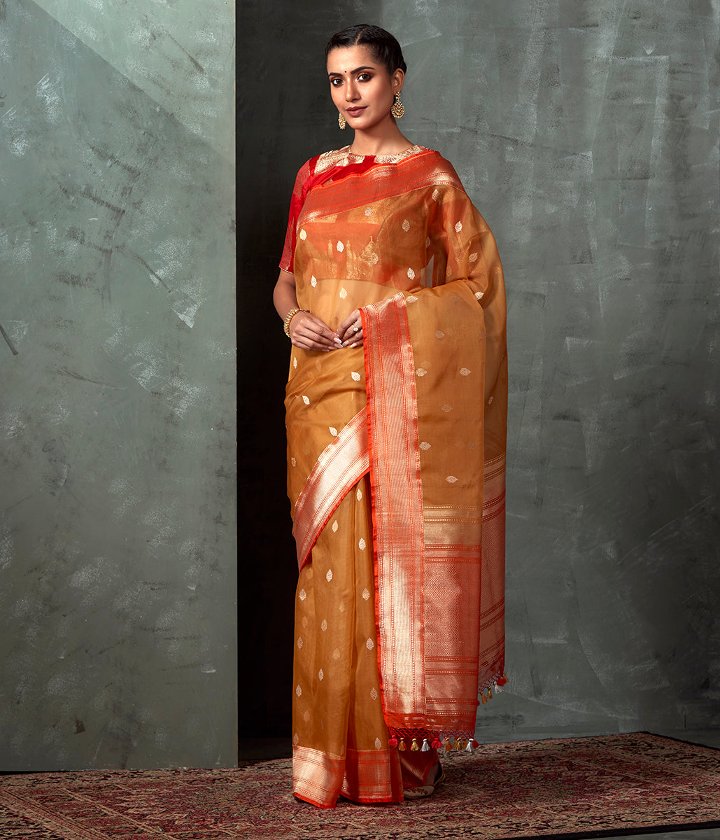 Rust_and_Red_Kora_Silk_Banarasi_with_Kadhwa_Booti_WeaverStory_02