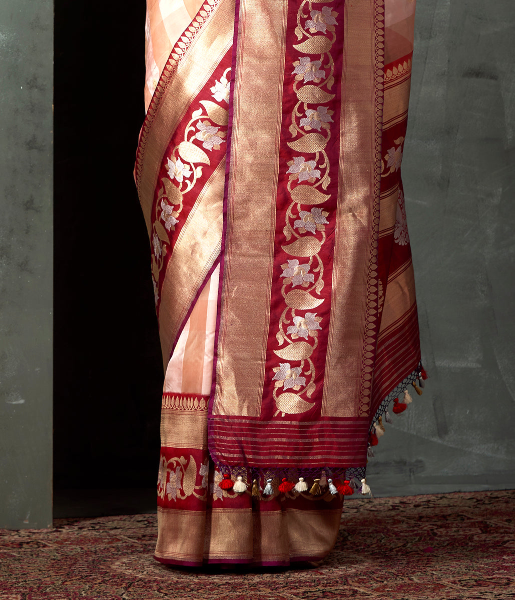 Handloom_Peach_Striped_Kora_Silk_Banarasi_with_Red_Border_and_Pallu_WeaverStory_04