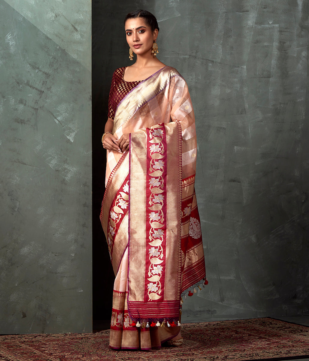 Handloom_Peach_Striped_Kora_Silk_Banarasi_with_Red_Border_and_Pallu_WeaverStory_02