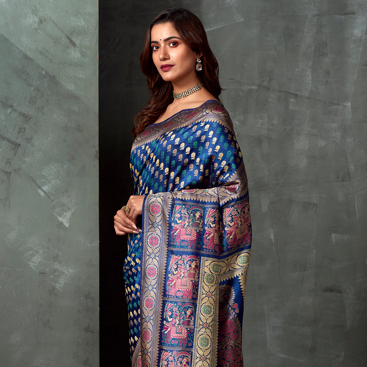 Handwoven_Banaras_Baluchari_in_Blue_with_Grand_Elephant_Pallu_WeaverStory_01
