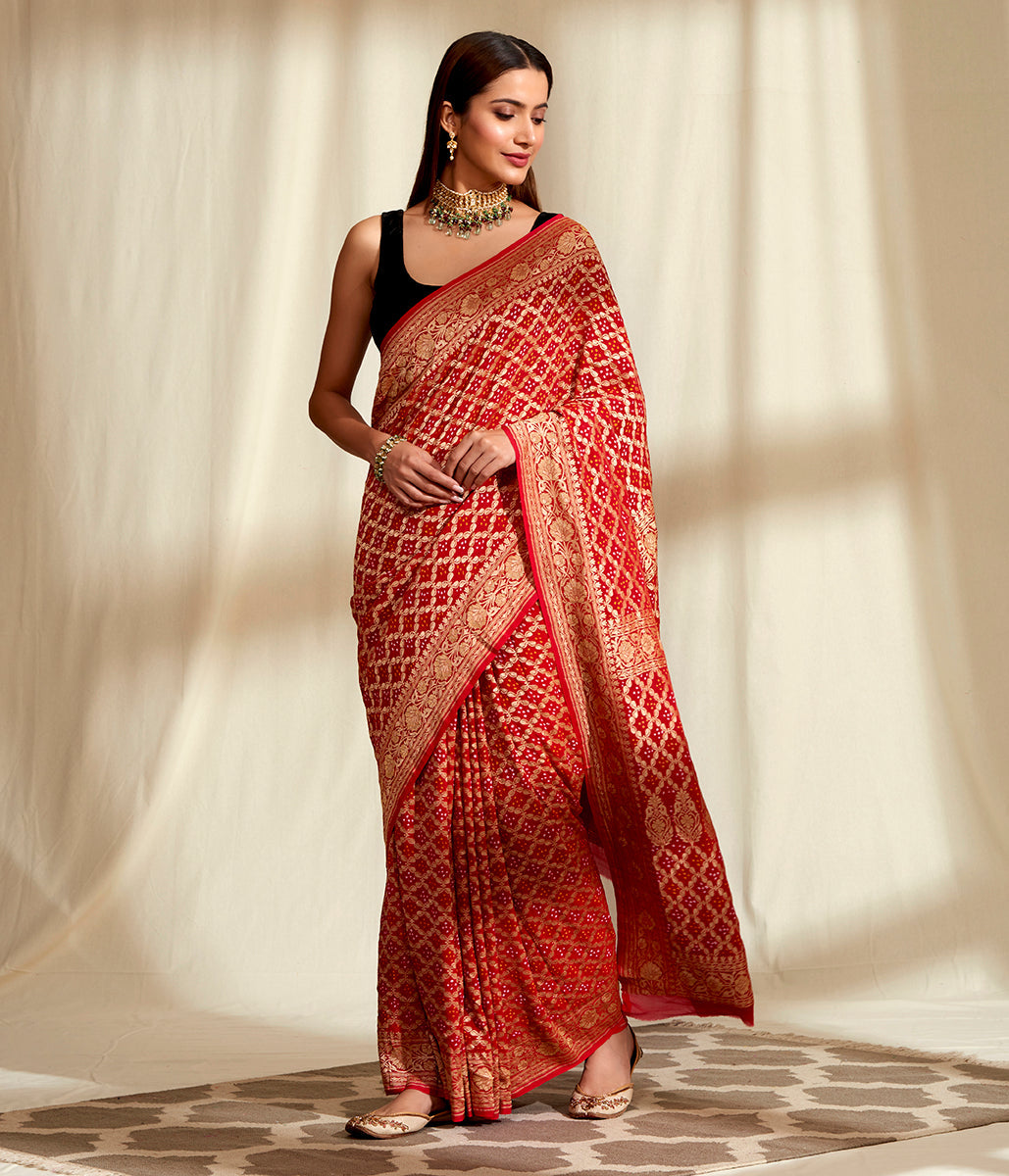 Handwoven_Banarasi_Bandhej_Saree_in_Red_with_Gold_Zari_Weave_WeaverStory_02