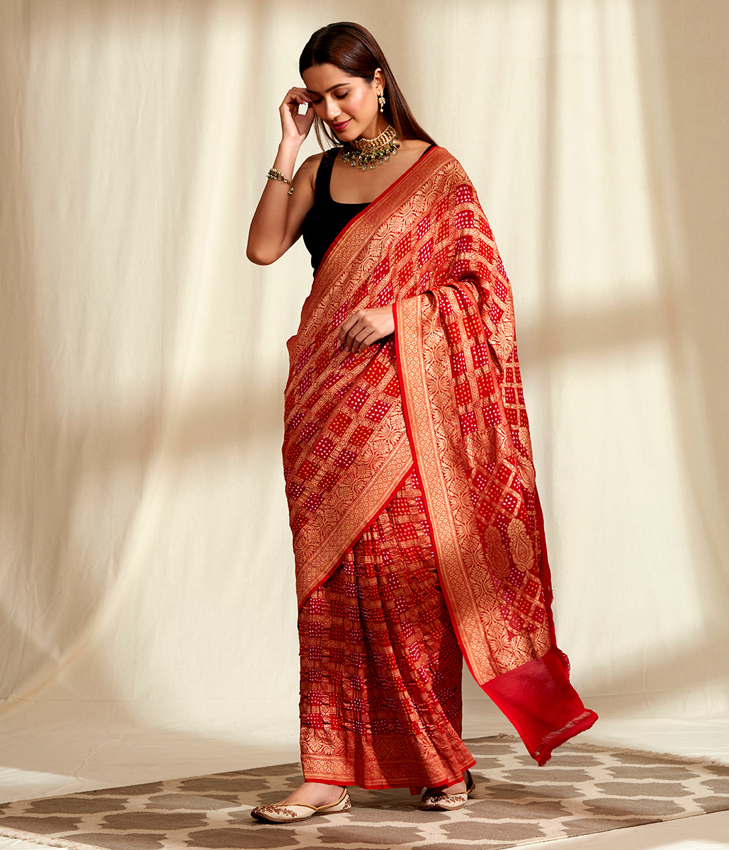 Handwoven_Banarasi_Bandhej_Saree_in_Red_with_Gold_Zari_Checks_WeaverStory_02