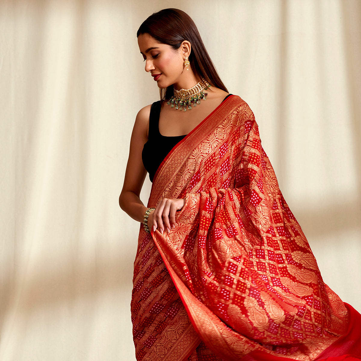 Handwoven_Banarasi_Bandhej_Saree_in_Red_with_Gold_Zari_Checks_WeaverStory_01