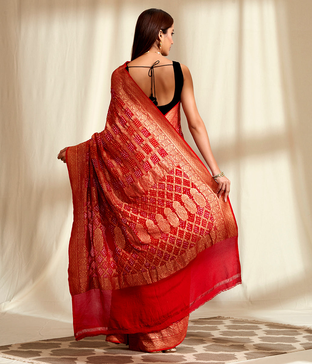 Handwoven_Banarasi_Bandhej_Saree_in_Red_with_Gold_Zari_Checks_WeaverStory_03