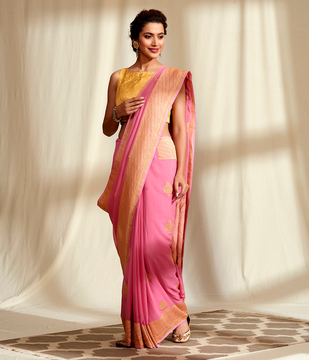Handwoven_Banarasi_Georgette_Saree_in_Pink_with_Kadhwa_Booti_WeaverStory_02