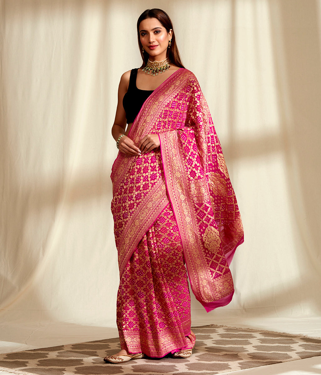 Handwoven_Banarasi_Bandhej_Saree_in_Pink_with_Gold_Zari_Weave_WeaverStory_02