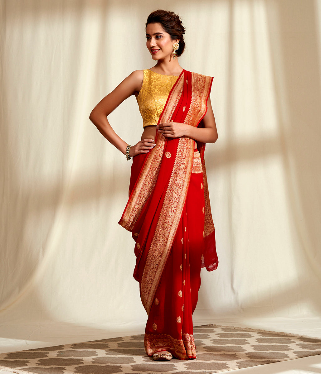 Handwoven_Banarasi_Georgette_Saree_in_Red_with_Kadhwa_Booti_WeaverStory_02